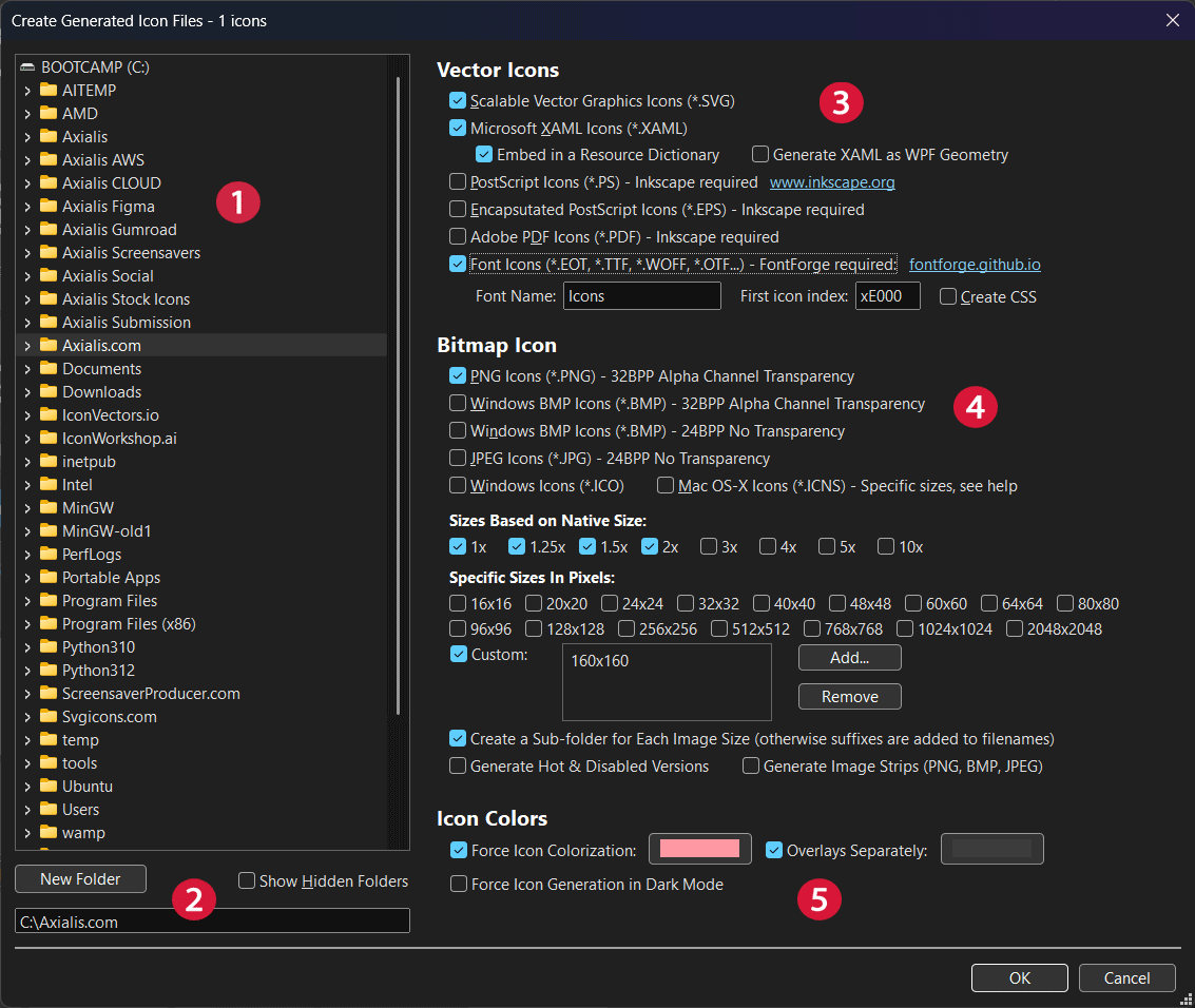 Create Generated Icon Files dialog (formats, sizes and options)