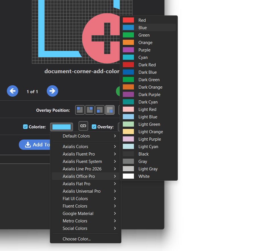 Color palette selection menu used to colorize icons