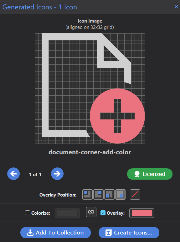 Generated Icons panel showing overlay position controls and color controls