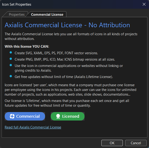 Icon set license information dialog in Axialis IconGenerator
